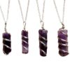 Natural Amethyst Wire Wrapped Crystal Pendant Pencil Shape Unisex Healing Stone