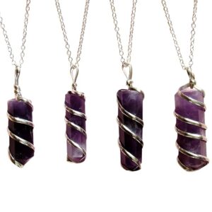 Natural Amethyst Wire Wrapped Crystal Pendant Pencil Shape Unisex Healing Stone