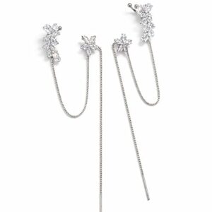 Korean Style Silver Crystal Flower Chain Cuff Earrings – Trendy Stylish Look Alloy Drops & Danglers, Cuff Earring