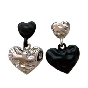 Trendy Black and Silver-Toned Heart Drop Earrings for Women Elegant Style Stainless Steel Stud Earring