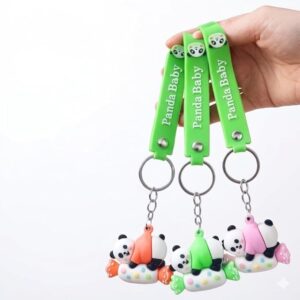Cute Panda Baby Keychains with Colorful Toffee & Green Strap Collectible Key Chain