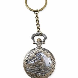 Vintage Steam Train Pocket Watch Keychain - Antique Bronze Steampunk Timepiece Key Chain