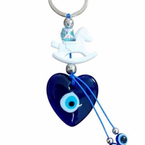 Blue Evil Eye Heart Charm Keychain with Rocking Horse & Beaded Design Key Chain