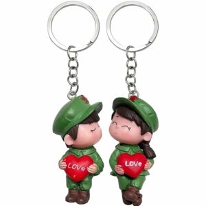 Romantic Couple Keychains – Cute Lovers Holding Hearts in Matching Outfits Key Chain