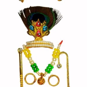 Laddu Gopal Shringar Accessories Set, Mukut Mala with bansuri, Charri, Kundal, Kangan