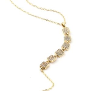 Elegant Gold Tone Necklace with Pave Square Charms Dainty Layered Jewelry Women Stainless Steel Necklace