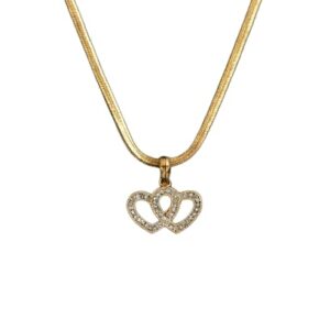 Gold Plated Double Heart Crystal Pendant Necklace Anti-Tarnish Romantic Jewelry Stainless Steel Necklace