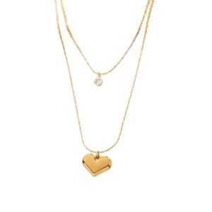 Double Layer Heart & Crystal Pendant Glamorous Anti Tarnish Clavicle Chain Gold-plated Stainless Steel Pendant