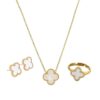 Anti Tarnish White Four-Leaf Clover Pendant, Earring & Adjustable Ring Set Gold-plated Stainless Steel Pendant Set