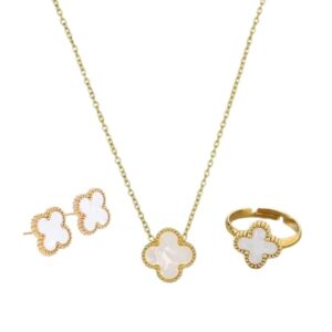 Anti Tarnish White Four-Leaf Clover Pendant, Earring & Adjustable Ring Set Gold-plated Stainless Steel Pendant Set