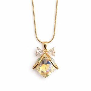 Shimmering Heart Crystal Bow Necklace with Sleek Gold Chain Stainless Steel Pendant