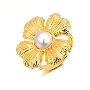 Stylish Pearl Flower Ring for Women & Girls – Trendy Gold Design Stainless Steel Gold Plated Ring