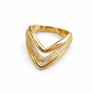 Elegant V-Shaped Gold Ring with Sparkling Stone Band for Modern Fashion Stainless Steel Gold Plated Ring