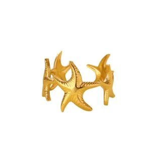 Gold Plated Starfish Design Adjustable Ring for Women Trendy Beach Style Stainless Steel Ring