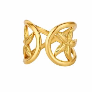 Gold Plated Double Starfish Adjustable Ring for Women Beach Style Jewelry Gift Stainless Steel Ring