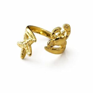 Gold Plated Crab & Starfish Adjustable Ring for Women Ocean Beach Style Jewelry Stainless Steel Ring