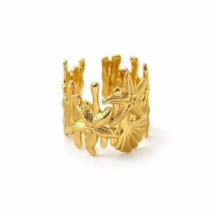 Gold Ocean Motif Ring – Starfish, Seashell & Coral Design Statement Jewelry Stainless Steel Ring