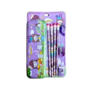 Stationery Kit for Kids – 1 Metal Pencil Case, 4 Cartoon Printed Pencils, 1 Pencil Grip, Erasers & Sharpener Set, Stationery Item for Girls & Boys, Birthday Return Gift